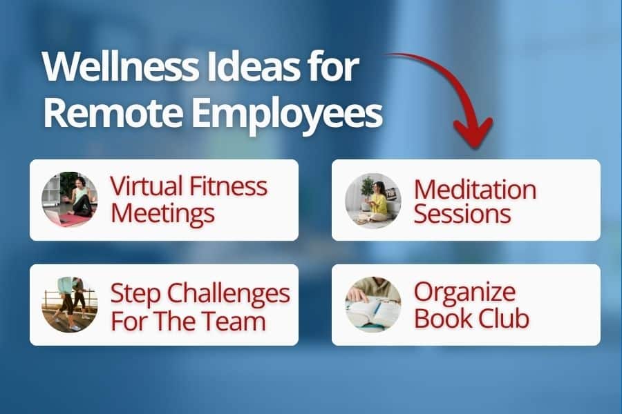 Low-cost wellness ideas for remote teams, including fitness, meditation, step challenges, and book clubs.