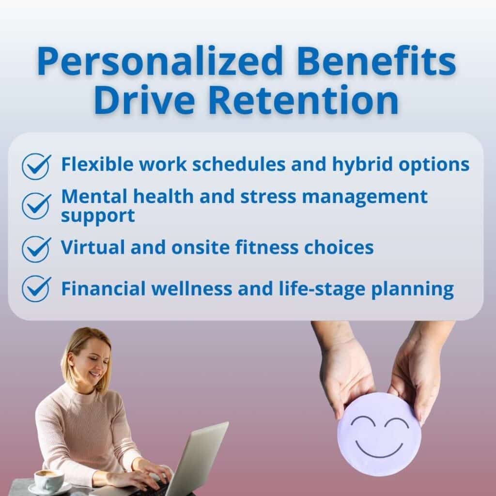 A corporate strategy infographic titled "Personalized Benefits Drive Retention." It shows a woman working on a laptop alongside a pair of hands holding a smiling face icon. Four bullet points list key retention drivers: flexible and hybrid work options, mental health and stress management support, virtual and onsite fitness choices, and financial wellness and life-stage planning.
