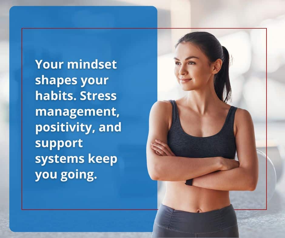 Inspirational fitness graphic about mindset, stress management, and support systems for maintaining healthy habits.