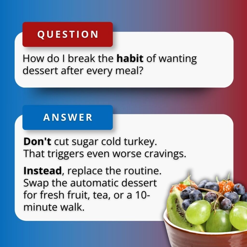 A Q&A graphic beside a bowl of fresh fruit addressing why do I want something sweet after I eat and how replacing post-meal routines can break dessert cravings.