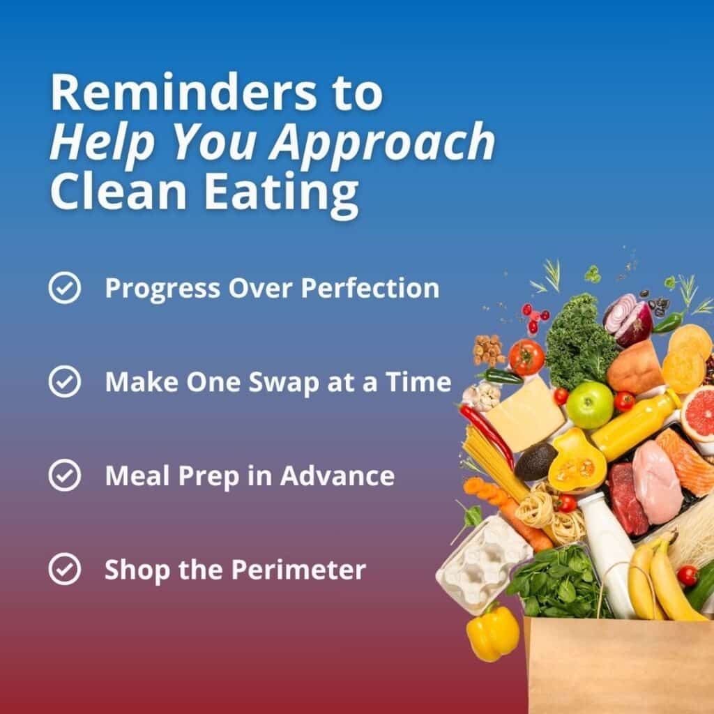An informational graphic titled "Reminders to Help You Approach Clean Eating" listing key dietary tips next to a brown paper bag overflowing with fresh, whole foods.