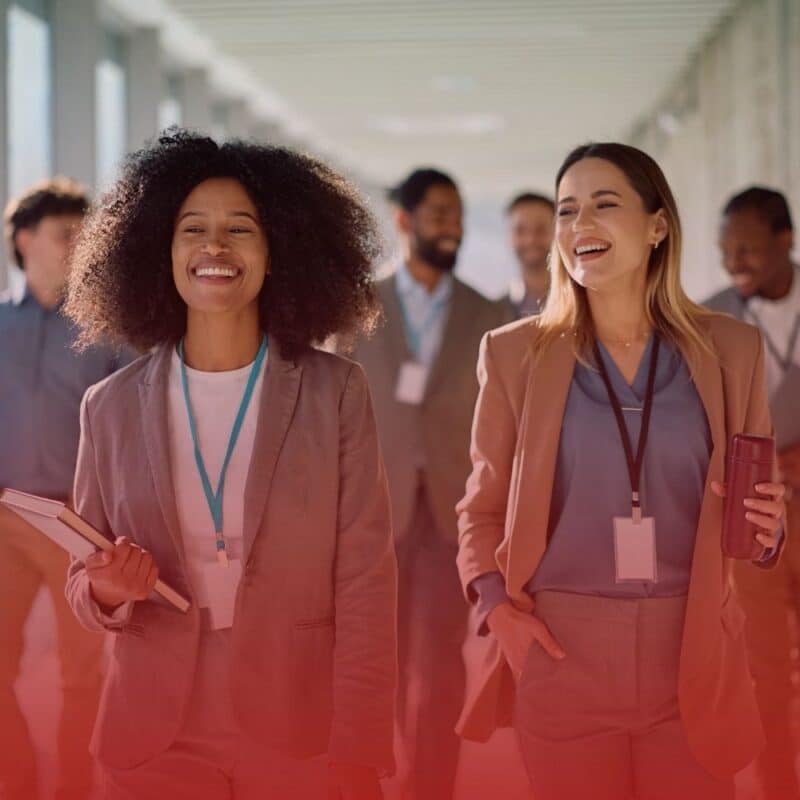Group of smiling business professionals walking together down a modern office hallway.