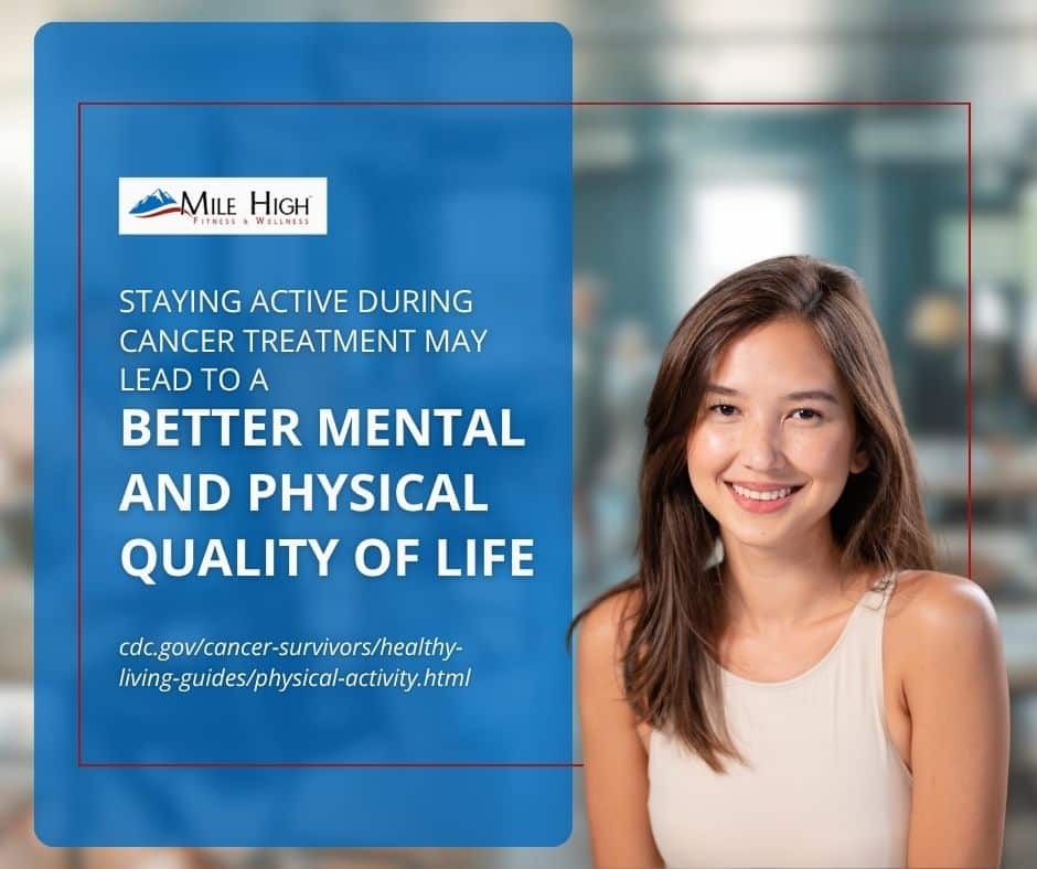 Mile High Fitness & Wellness graphic featuring a smiling woman next to text stating, "Staying active during cancer treatment may lead to a better mental and physical quality of life."