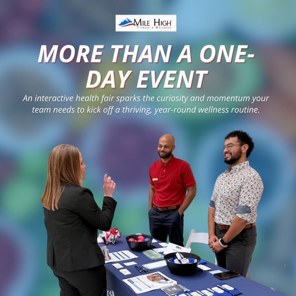 Mile High Fitness & Wellness graphic with the text "More than a one-day event," featuring attendees conversing around a wellness table display.